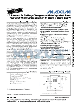 MAX8808X datasheet - 1A Linear Li Battery Chargers with Integrated Pass FET and Thermal Regulation in 2mm x 2mm TDFN