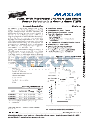 MAX8819AETI+ datasheet - PMIC with Integrated Chargers and Smart Power Selector in a 4mm x 4mm TQFN