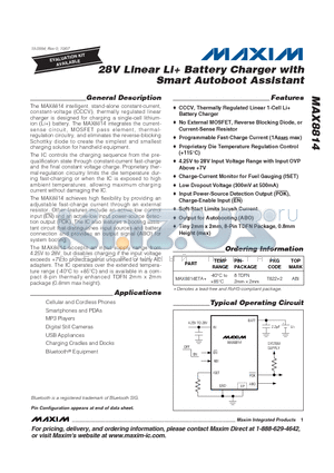 MAX8814ETA+ datasheet - 28V Linear Li Battery Charger with Smart Autoboot Assistant