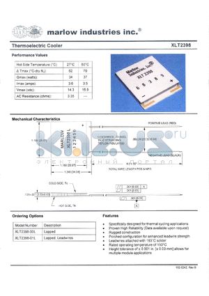 XLT2398-01L datasheet - Thermoelectric Cooler