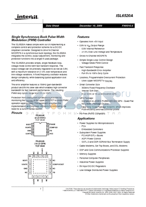 ISL6520EVAL1 datasheet - Single Synchronous Buck Pulse-Width Modulation PWM Controller