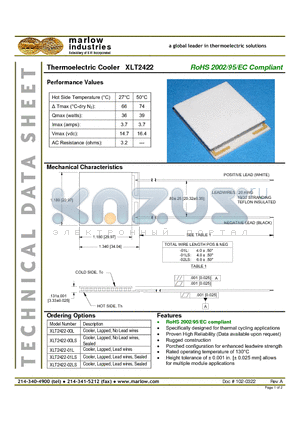 XLT2422-00L datasheet - Thermoelectric Cooler