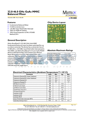 XM1000 datasheet - 32.0-46.0 GHz GaAs MMIC Balanced Mixer
