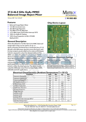 XM1005-BD-000V datasheet - 37.0-46.0 GHz GaAs MMIC Balanced Image Reject Mixer