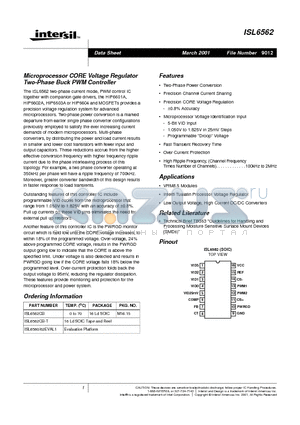 ISL6562CB datasheet - Microprocessor CORE Voltage Regulator Two-Phase Buck PWM Controller