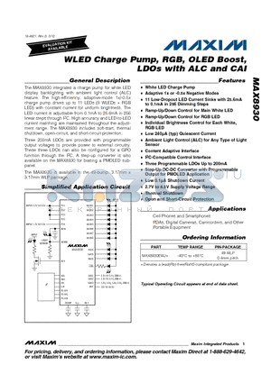 MAX8930EWJ+ datasheet - WLED Charge Pump, RGB, OLED Boost, LDOs with ALC and CAI