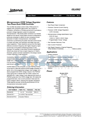 ISL6562CB-T datasheet - Microprocessor CORE Voltage Regulator Two-Phase Buck PWM Controller