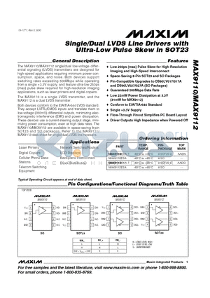 MAX9112ESA datasheet - Single/Dual LVDS Line Drivers with Ultra-Low Pulse Skew in SOT23