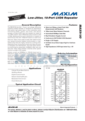 MAX9150EUI datasheet - Low-Jitter, 10-Port LVDS Repeater