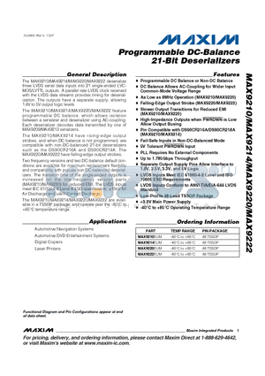 MAX9210 datasheet - Programmable DC-Balance 21-Bit Deserializers