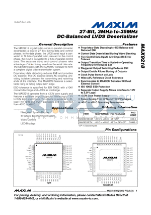 MAX9218 datasheet - 27-Bit, 3MHz-to-35MHz DC-Balanced LVDS Deserializer