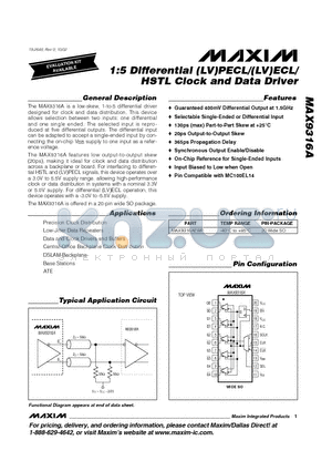 MAX9316AEWP datasheet - 1:5 Differential LVPECL/LVECL/ HSTL Clock and Data Driver