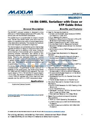 MAX9271GTJ/V+ datasheet - 16-Bit GMSL Serializer with Coax or STP Cable Drive