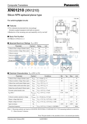 XN01210 datasheet - Silicon NPN epitaxial planar type For switching/digital circuits
