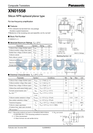 XN01558 datasheet - Silicon NPN epitaxial planar type For low-frequency amplification