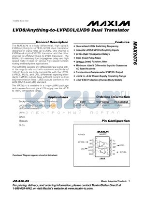 MAX9376 datasheet - LVDS/Anything-to-LVPECL/LVDS Dual Translator