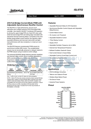 ISL6752_06 datasheet - ZVS Full-Bridge Current-Mode PWM with Adjustable Synchronous Rectifier Control