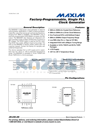 MAX9491 datasheet - Factory-Programmable, Single PLL Clock Generator