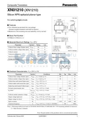 XN1210 datasheet - Silicon NPN epitaxial planar type For switching/digital circuits