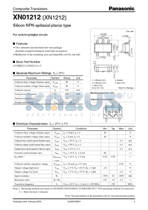 XN1212 datasheet - Silicon NPN epitaxial planar type For switching/digital circuits