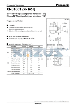 XN1601 datasheet - Silicon PNP epitaxial planer transistor (Tr1) Silicon NPN epitaxial planer transistor (Tr2)