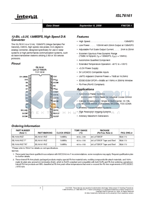 ISL76161AVZ datasheet - 12-Bit, 3.3V, 130MSPS, High Speed D/A Converter