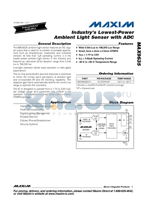 MAX9635 datasheet - Industrys Lowest-Power Ambient Light Sensor with ADC