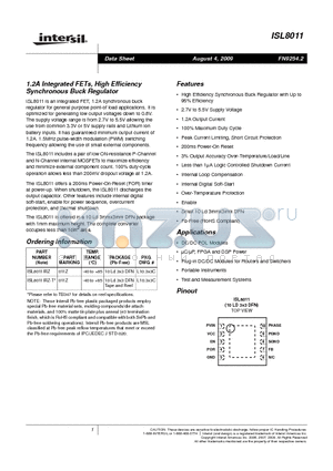 ISL8011IRZ-T datasheet - 1.2A Integrated FETs, High Efficiency Synchronous Buck Regulator