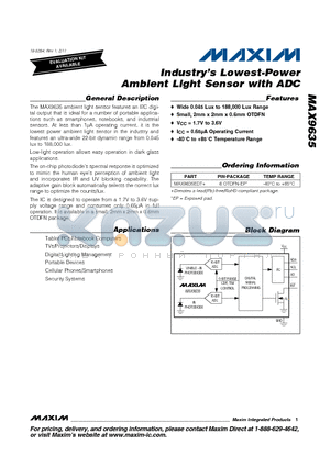 MAX9635_11 datasheet - Industrys Lowest-Power Ambient Light Sensor with ADC