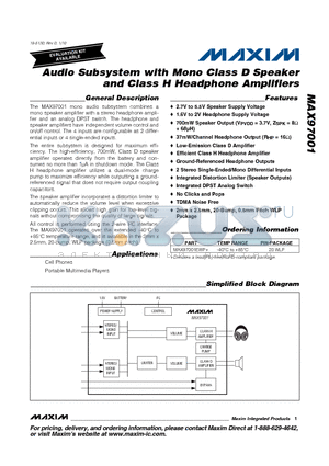 MAX97001 datasheet - Audio Subsystem with Mono Class D Speaker and Class H Headphone Amplifiers