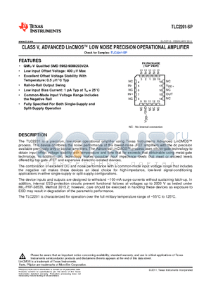 TLC2201-SP datasheet - CLASS V, ADVANCED LinCMOS LOW NOISE PRECISION OPERATIONAL AMPLIFIER