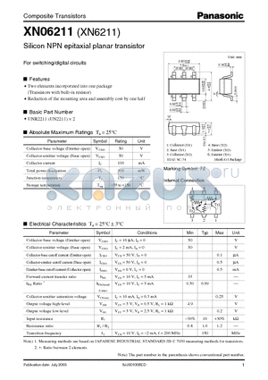 XN6211 datasheet - Silicon NPN epitaxial planar transistor