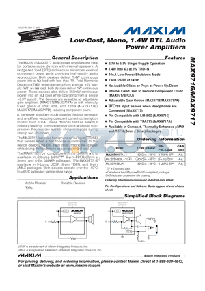 MAX9716 datasheet - Low-Cost, Mono, 1.4W BTL Audio Power Amplifiers