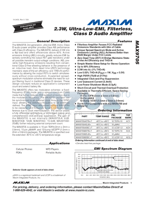 MAX9705DEUB+ datasheet - 2.3W, Ultra-Low-EMI, Filterless, Class D Audio Amplifier