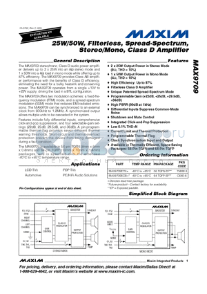 MAX9709 datasheet - 25W/50W, Filterless, Spread-Spectrum, Stereo/Mono, Class D Amplifier