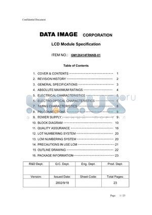 GM126414FRNNB-01 datasheet - LCD MODULE SPECIFICATION