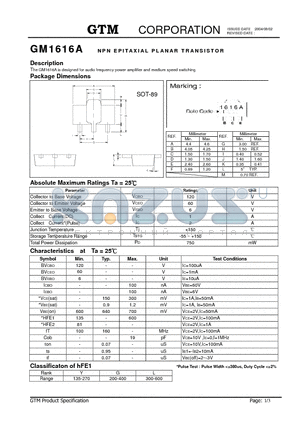 GM1616A datasheet - NPN EPITAXIAL PLANAR TRANSISTOR