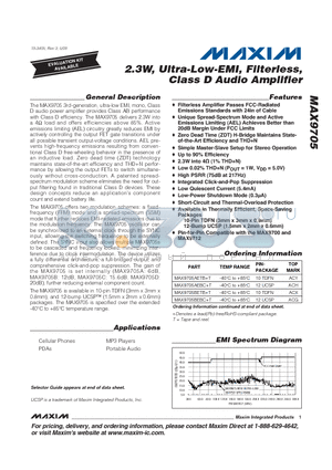 MAX9705 datasheet - 2.3W, Ultra-Low-EMI, Filterless, Class D Audio Amplifier