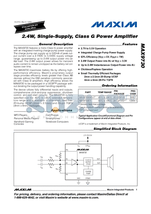 MAX9730EBPT datasheet - 2.4W, Single-Supply, Class G Power Amplifier