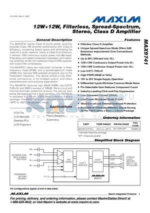 MAX9741 datasheet - 12W12W, Filterless, Spread-Spectrum, Stereo, Class D Amplifier