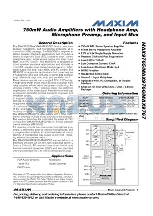 MAX9766ETJ datasheet - 750mW Audio Amplifiers with Headphone Amp, Microphone Preamp, and Input Mux