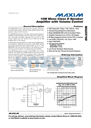 MAX9768ETG datasheet - 10W Mono Class D Speaker Amplifier with Volume Control