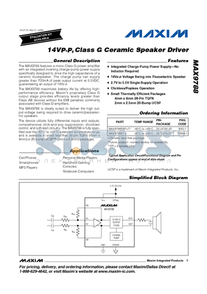 MAX9788ETI+ datasheet - 14VP-P,Class G Ceramic Speaker Driver