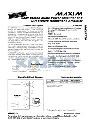 MAX9779ETI+ datasheet - 2.6W Stereo Audio Power Amplifier and DirectDrive Headphone Amplifier