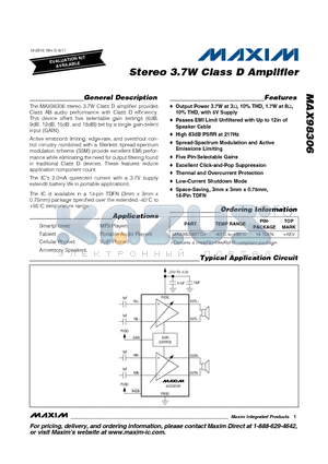 MAX98306ETD datasheet - Stereo 3.7W Class D Amplifier Spread-Spectrum Modulation and Active Emissions Limiting