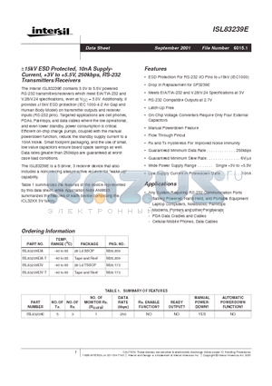 ISL83239EIV-T datasheet - a15kV ESD Protected, 10nA Supply- Current, 3V to 5.5V, 250kbps, RS-232 Transmitters/Receivers