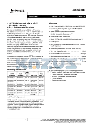 ISL83385ECAZ datasheet - a15kV ESD Protected, 3V to 5.5V, 1 Microamp, 250kbps, RS-232 Transmitters/Receivers
