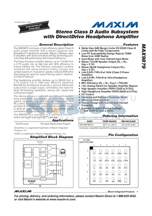 MAX9879 datasheet - Stereo Class D Audio Subsystem with DirectDrive Headphone Amplifier