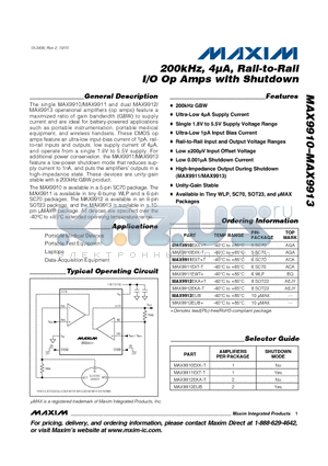 MAX9910EXK-T datasheet - 200kHz, 4lA, Rail-to-Rail I/O Op Amps with Shutdown