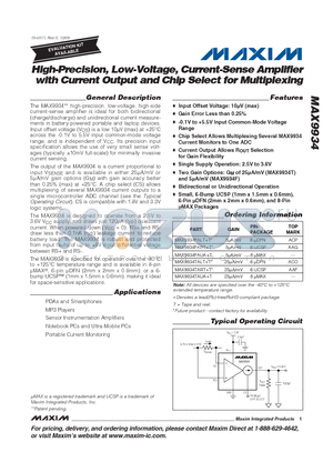 MAX9934 datasheet - High-Precision, Low-Voltage, Current-Sense Amplifier with Current Output and Chip Select for Multiplexing